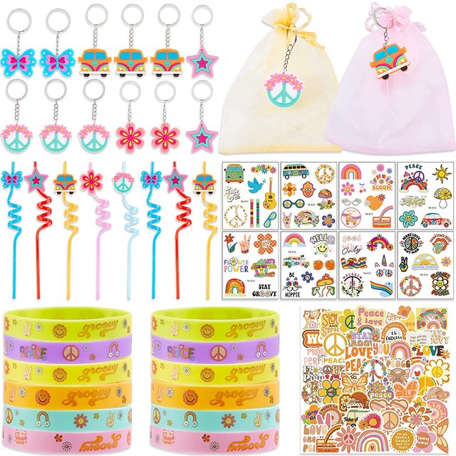 110Pcs Groovy Retro Hippie Party Favors Daisy Peace Keychains Straws  Wristbands Stickers Bags for Girl Teens Kids Birthday Party